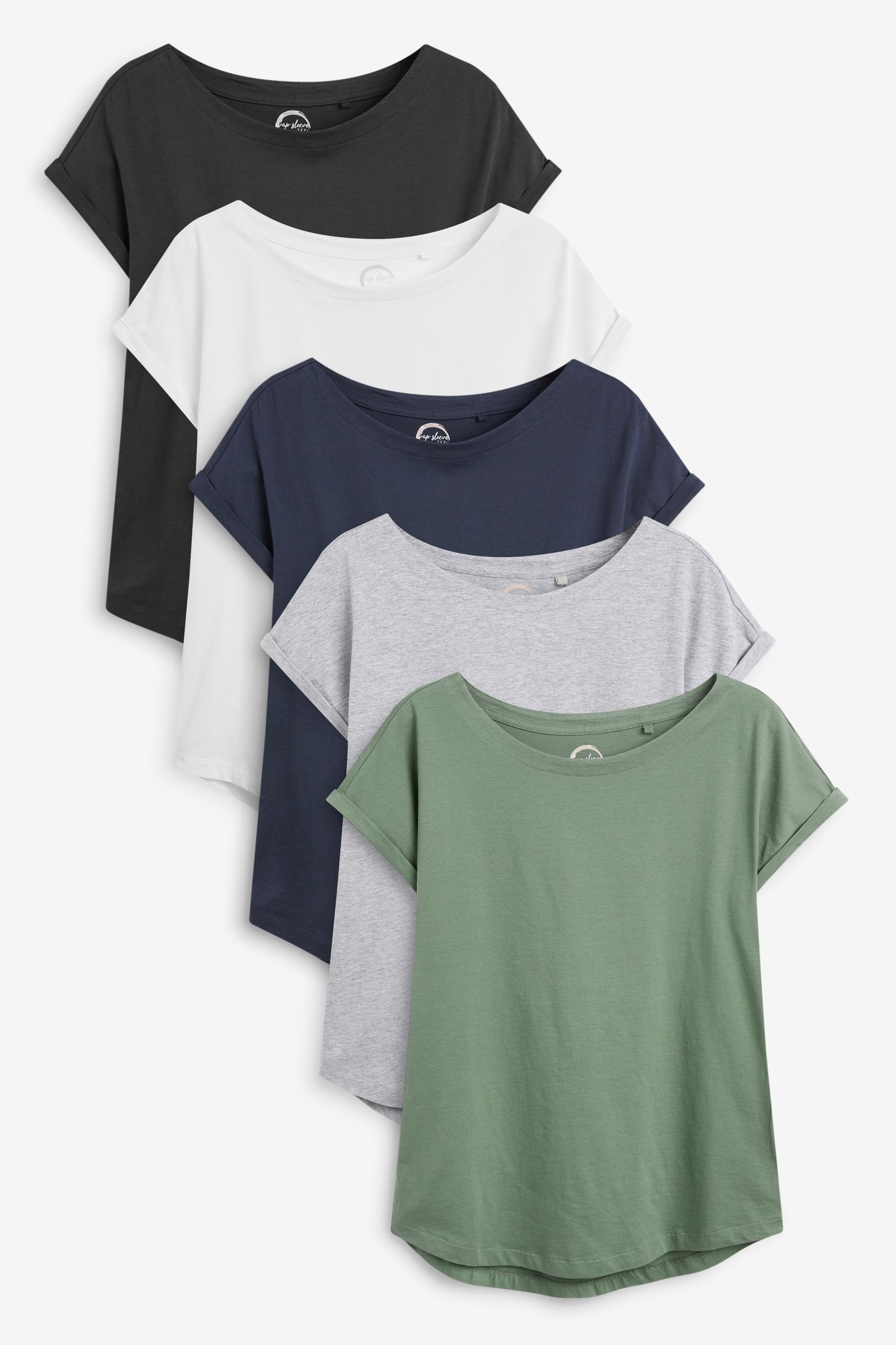 Buy Grey White Black Navy Blue Khaki Green Cap Sleeve 100 Cotton T Shirts 5 Pack from the Next UK online shop