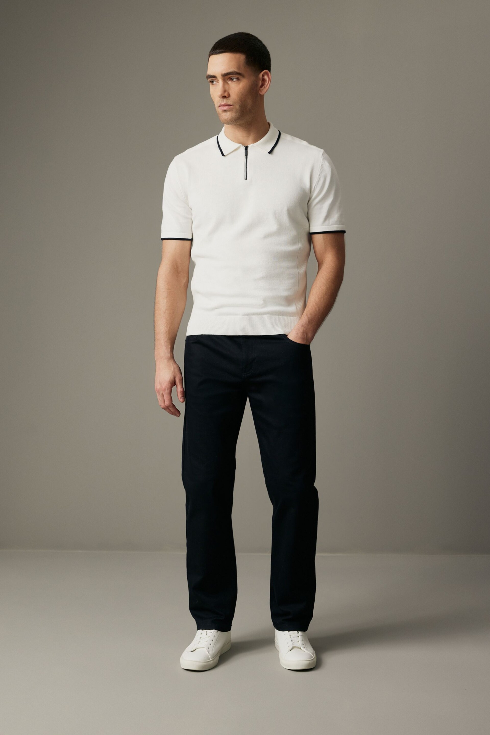 White Knitted Textured Panel Regular Fit Polo Shirt - Image 2 of 10