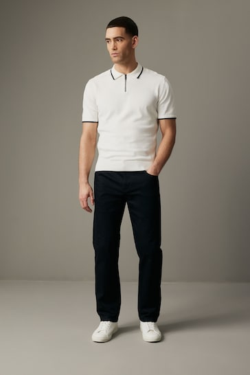 White Knitted Textured Panel Regular Fit Polo Shirt