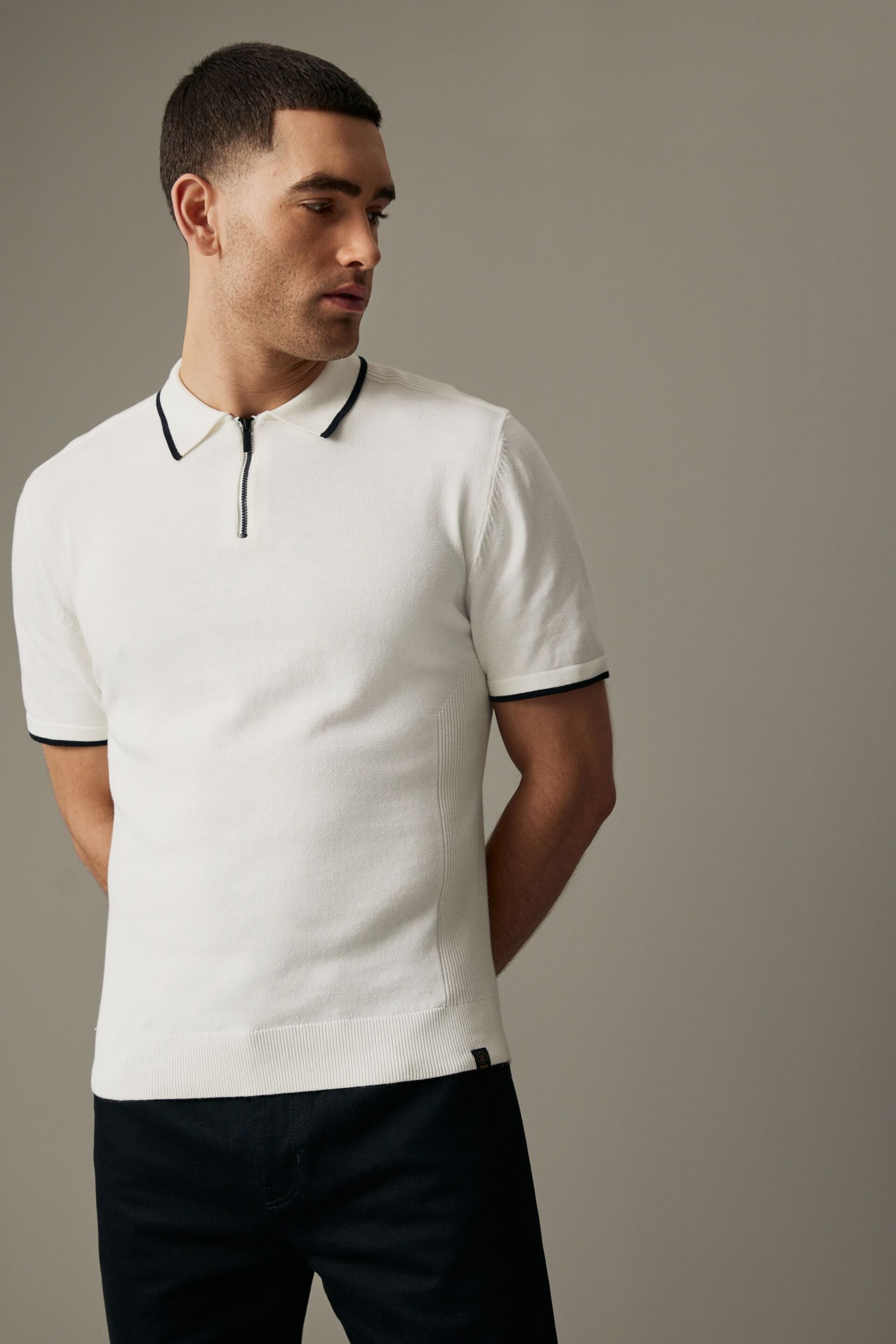 White Knitted Textured Panel Regular Fit Polo Shirt - Image 4 of 10