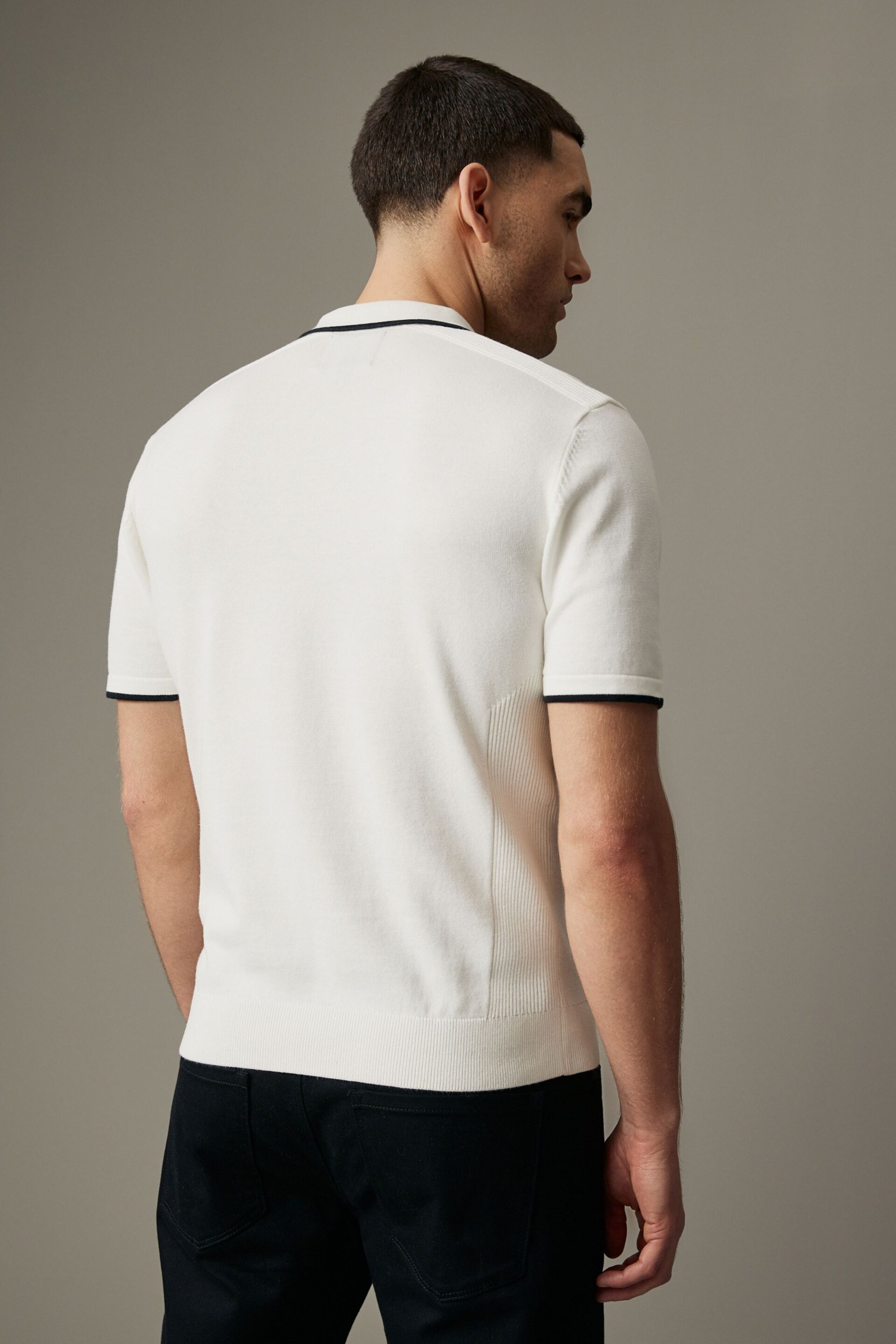 White Knitted Textured Panel Regular Fit Polo Shirt - Image 5 of 10