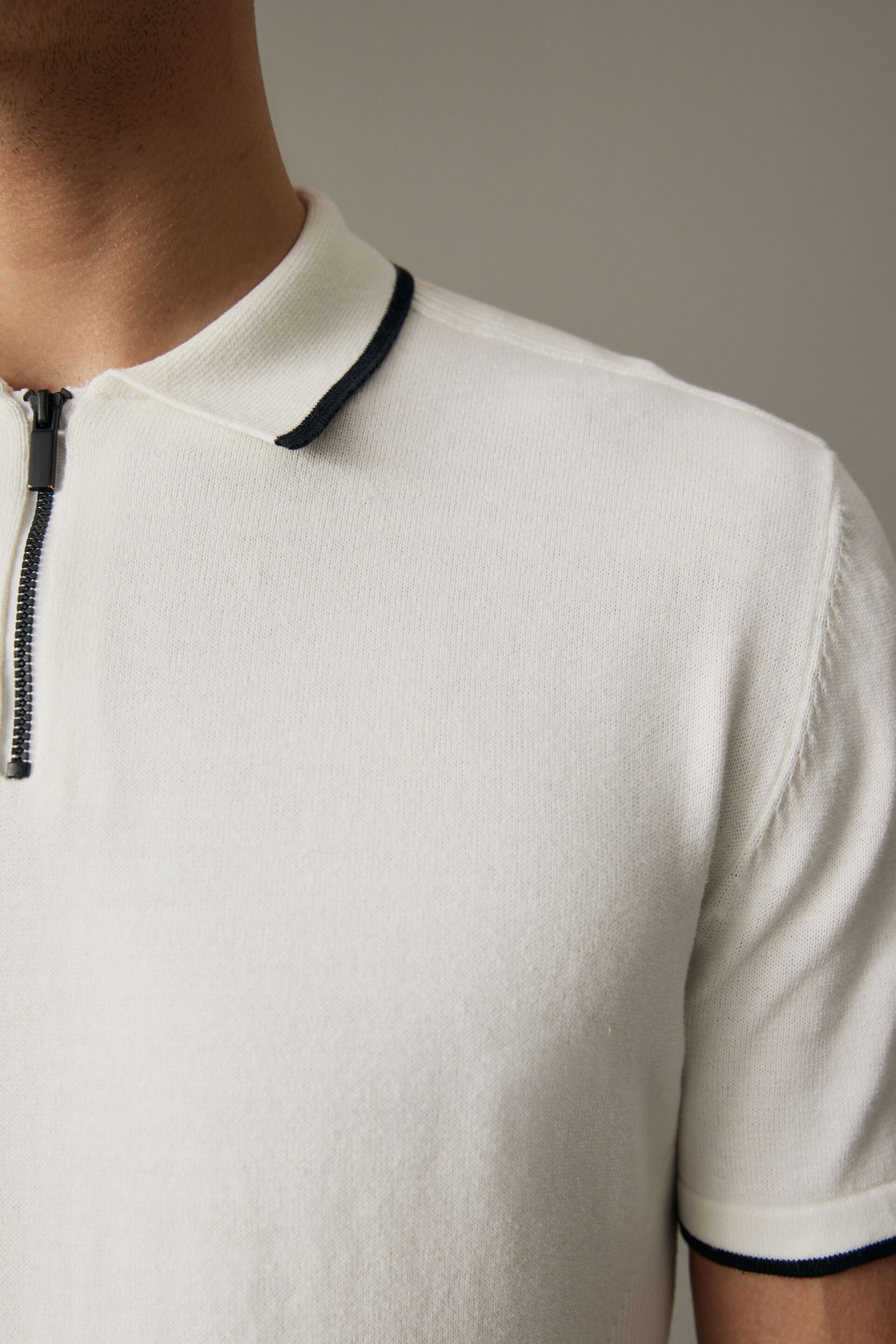White Knitted Textured Panel Regular Fit Polo Shirt - Image 6 of 10