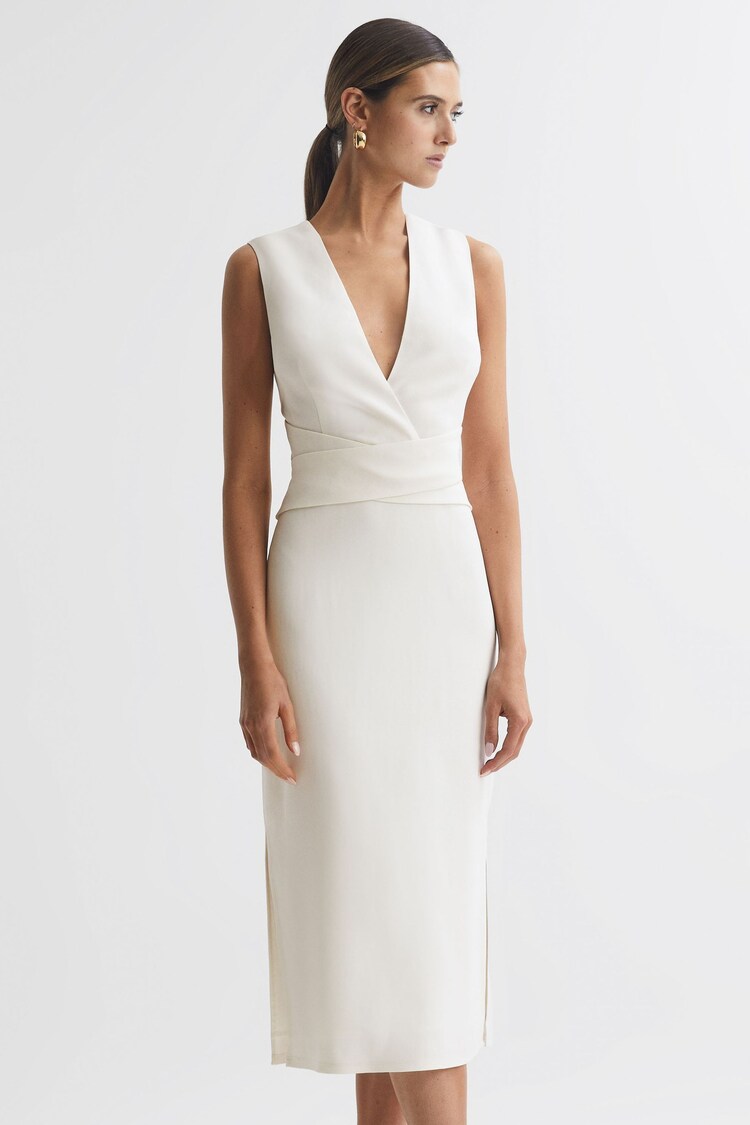 Reiss Ivory Jayla Fitted Wrap Design Midi Dress - Image 1 of 5