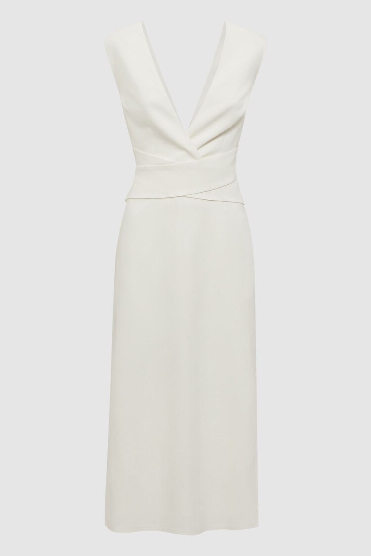 Reiss Ivory Jayla Fitted Wrap Design Midi Dress - Image 2 of 5