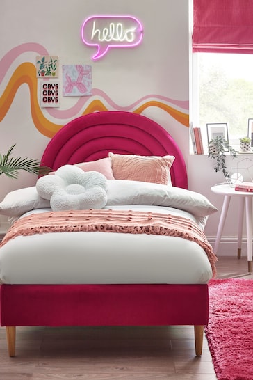 Soft Velvet Fuschia Pink Rainbow Kids Upholstered Bed Frame