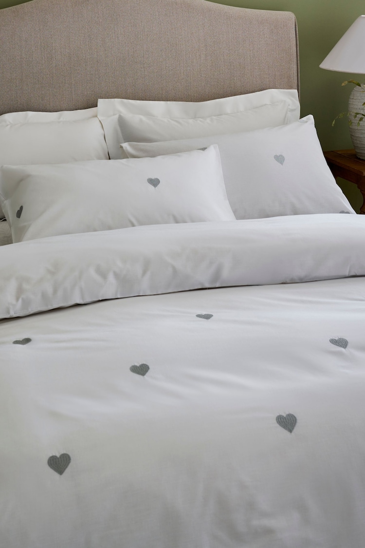 White With Silver Hearts Embroidered Duvet Cover and Pillowcase Set - Image 2 of 5