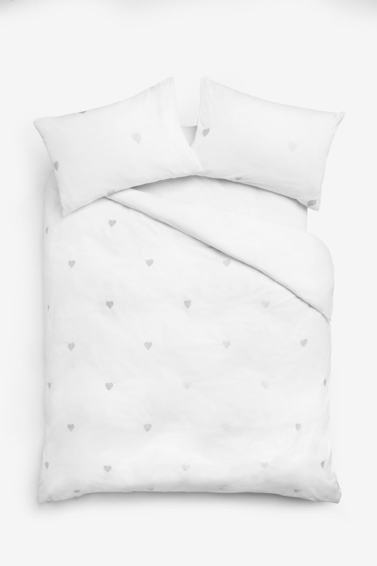 White With Silver Hearts Embroidered Duvet Cover and Pillowcase Set - Image 3 of 5