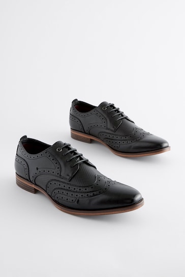 Black Texture Detail Double Wing Brogue Shoes