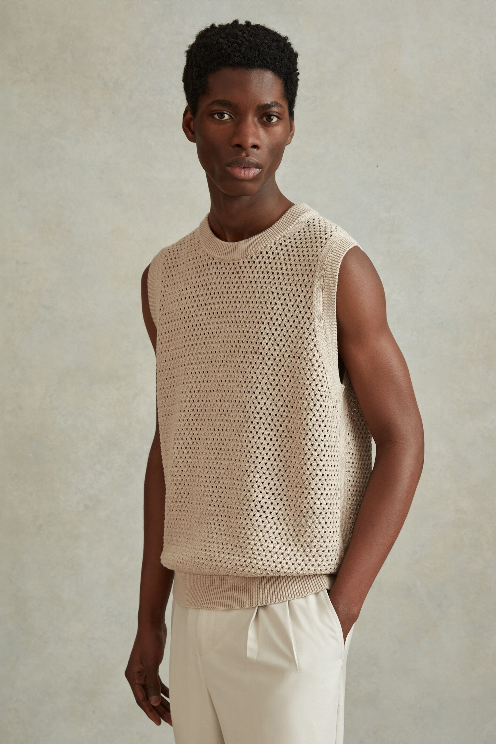 Reiss Soft Taupe Dandy Cotton Blend Crochet Vest - Image 1 of 6