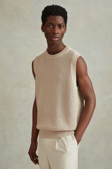 Reiss Soft Taupe Dandy Cotton Blend Crochet Vest