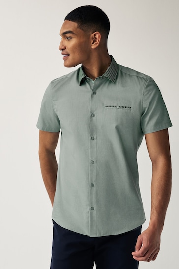Green Slim Fit Trimmed Formal Short Sleeve Shirt