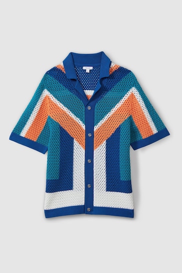 Reiss Bright Multi Panko Cotton Blend Crochet Cuban Collar Shirt