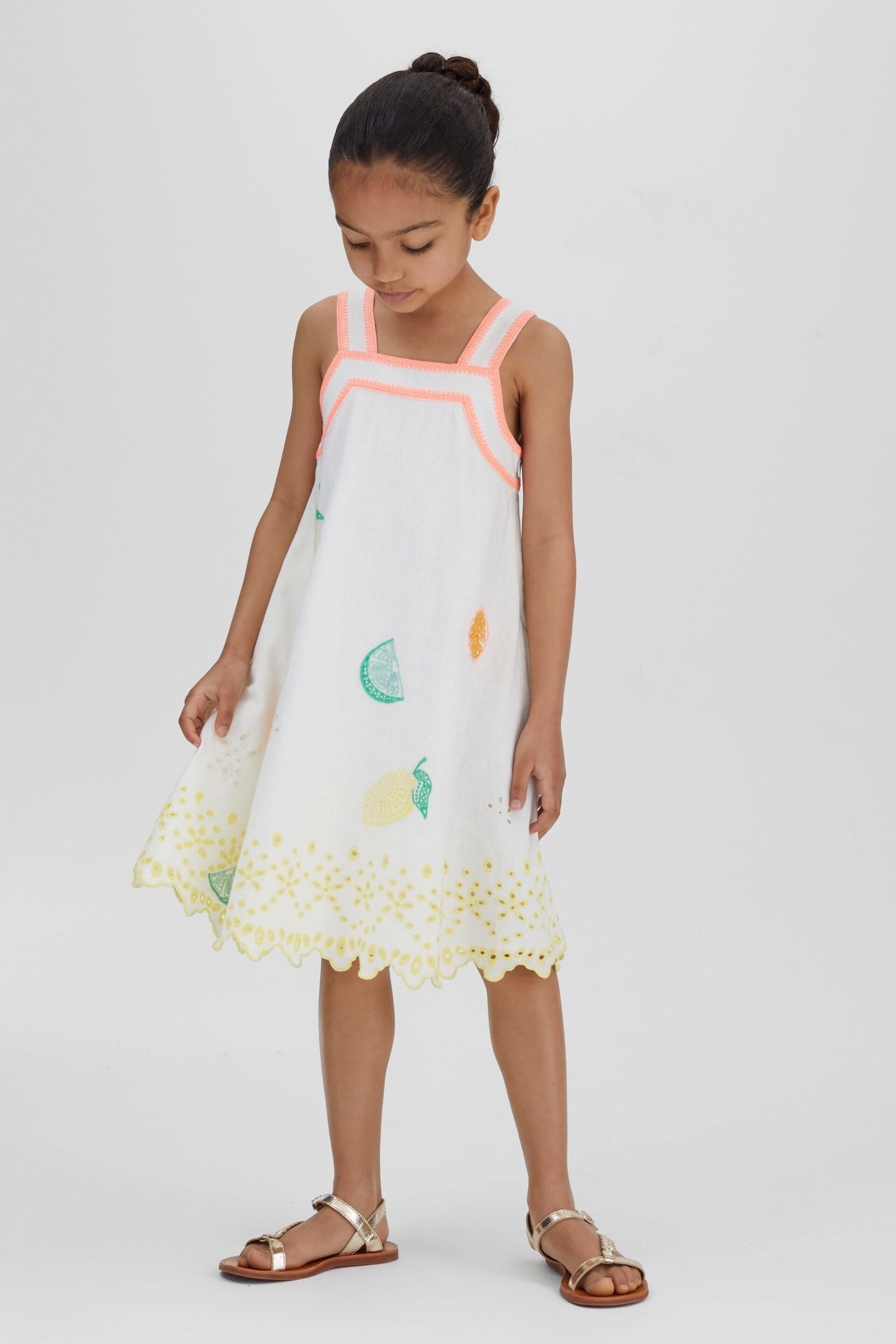 Reiss Ivory Print Arabella Teen Cotton Linen Broderie Dress - Image 2 of 4