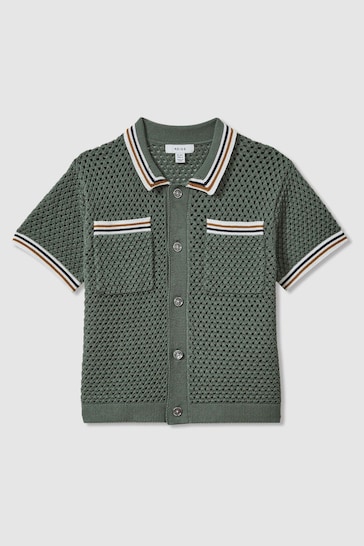 Reiss Dark Sage Green Coulson Junior Crochet Contrast Trim Shirt
