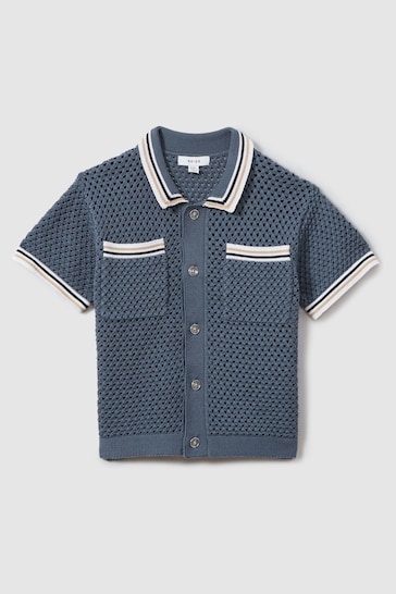 Reiss Airforce Blue Coulson Junior Crochet Contrast Trim Shirt