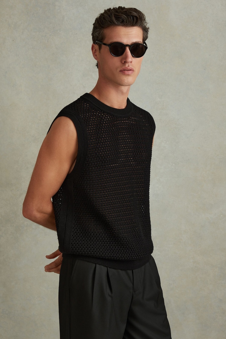 Reiss Black Dandy Cotton Blend Crochet Vest - Image 1 of 4