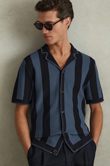 Reiss Navy/Blue Naxos Knitted Cuban Collar Shirt