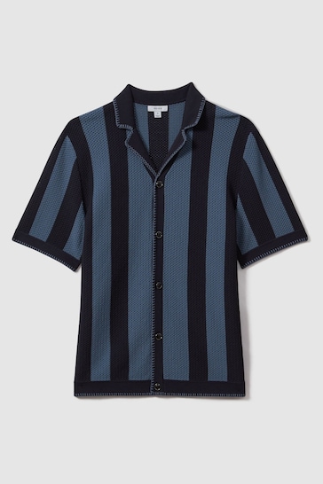 Reiss Navy/Blue Naxos Knitted Cuban Collar Shirt