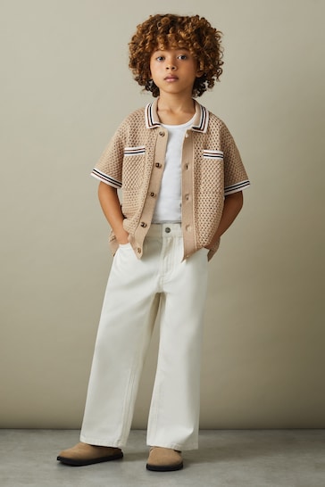 Reiss Soft Taupe Coulson Senior Crochet Contrast Trim Shirt