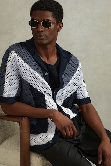 Reiss Navy Multi Panko Cotton Blend Crochet Cuban Collar Shirt