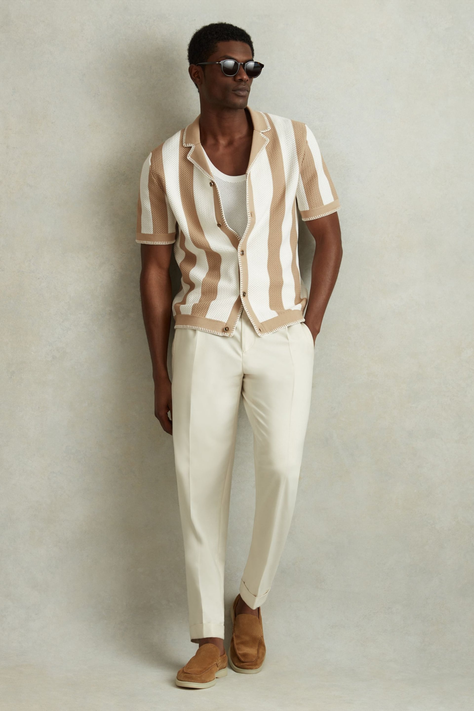 Reiss Stone/Optic White Naxos Knitted Cuban Collar Shirt - Image 1 of 5