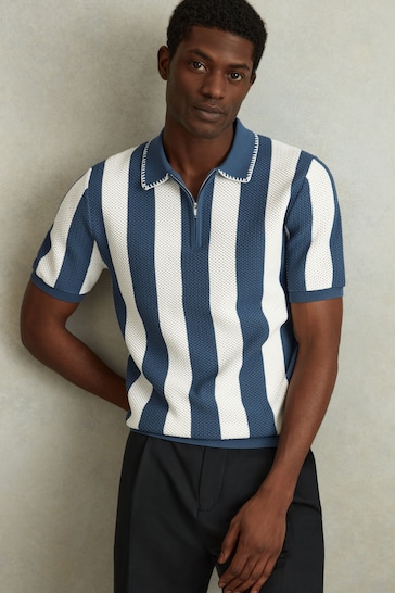 Reiss Airforce Blue/Ecru Paros Knitted Half-Zip Polo Shirt