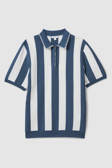 Reiss Airforce Blue/Ecru Paros Knitted Half-Zip Polo Shirt