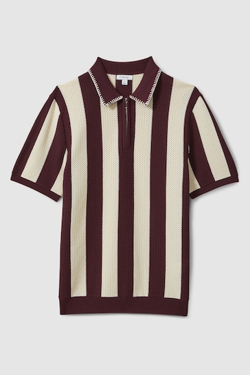 Reiss White/Bordeaux Paros Knitted Half-Zip Polo Shirt