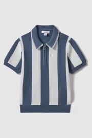 Reiss Airforce Blue/Ecru Paros Teen Knitted Striped Half-Zip Polo Shirt - Image 1 of 4