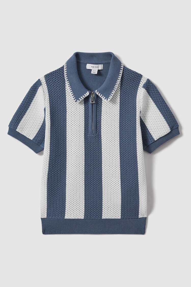 Reiss Airforce Blue/Ecru Paros Teen Knitted Striped Half-Zip Polo Shirt - Image 1 of 4