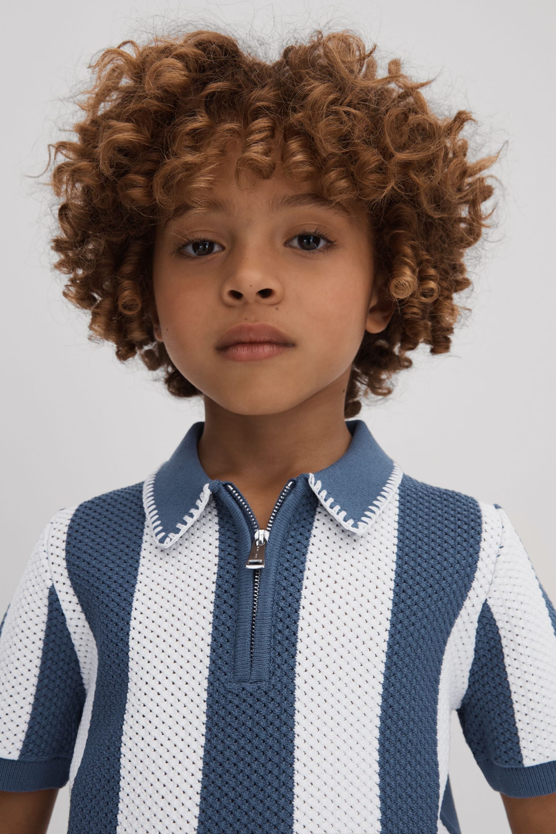 Reiss Airforce Blue/Ecru Paros Teen Knitted Striped Half-Zip Polo Shirt - Image 2 of 4