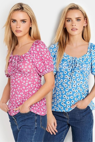 PixieGirl Petite Pink Ruched Front Short Sleeve T-Shirts 2 Pack