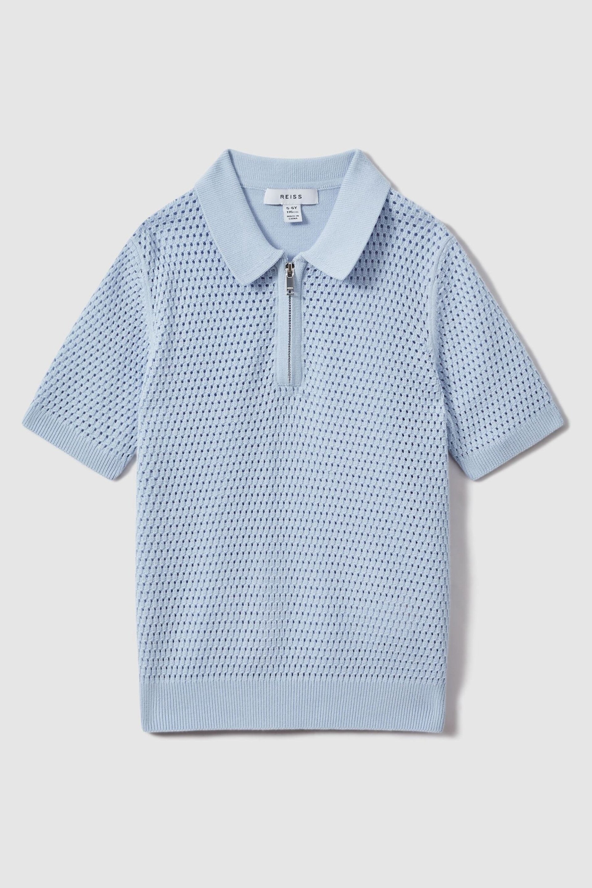 Reiss Soft Blue Burnham Teen Textured Half-Zip Polo T-Shirt - Image 1 of 4