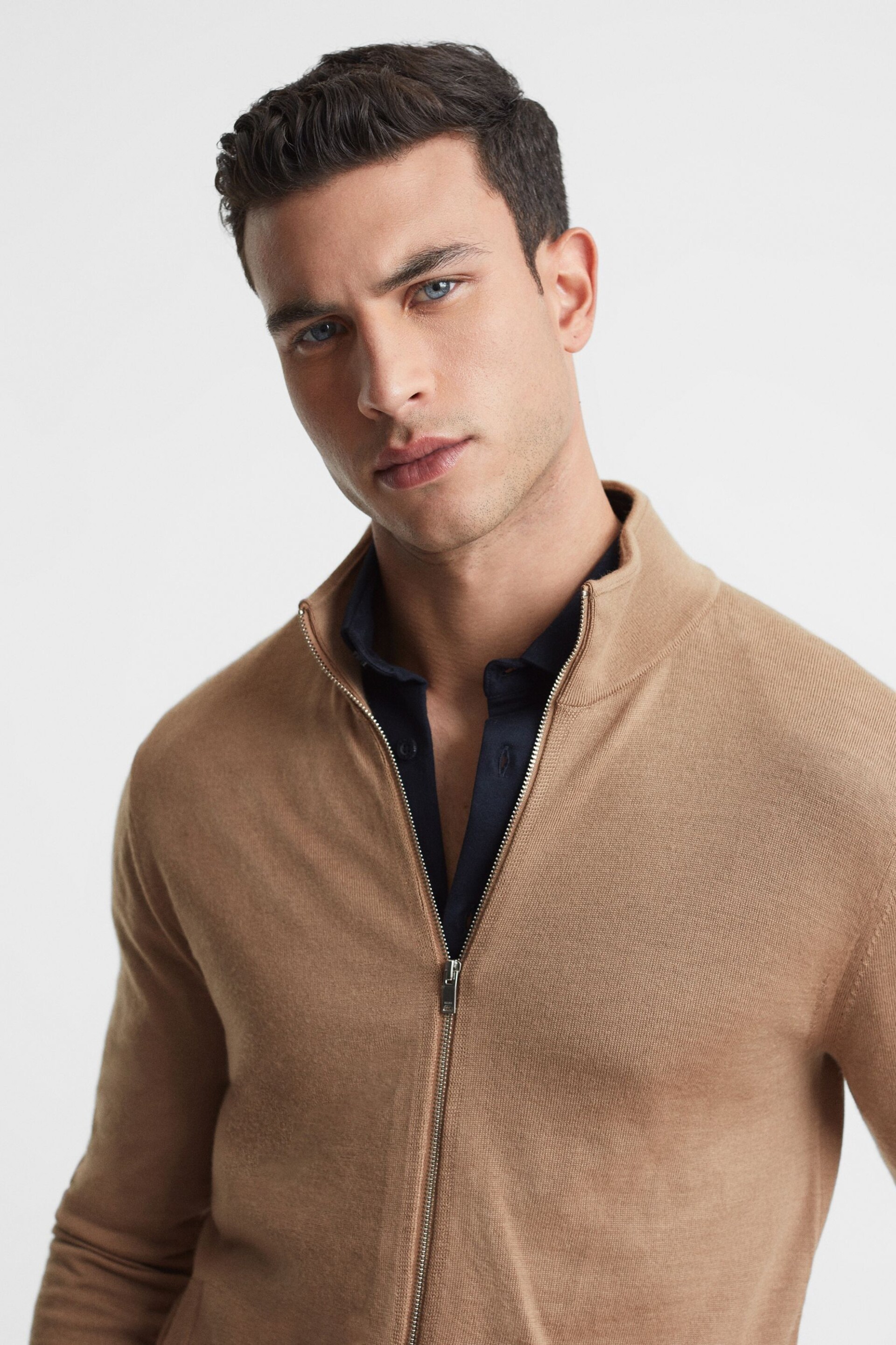 Reiss Camel Hampshire Merino Wool Funnel-Neck Jacket - Image 1 of 5