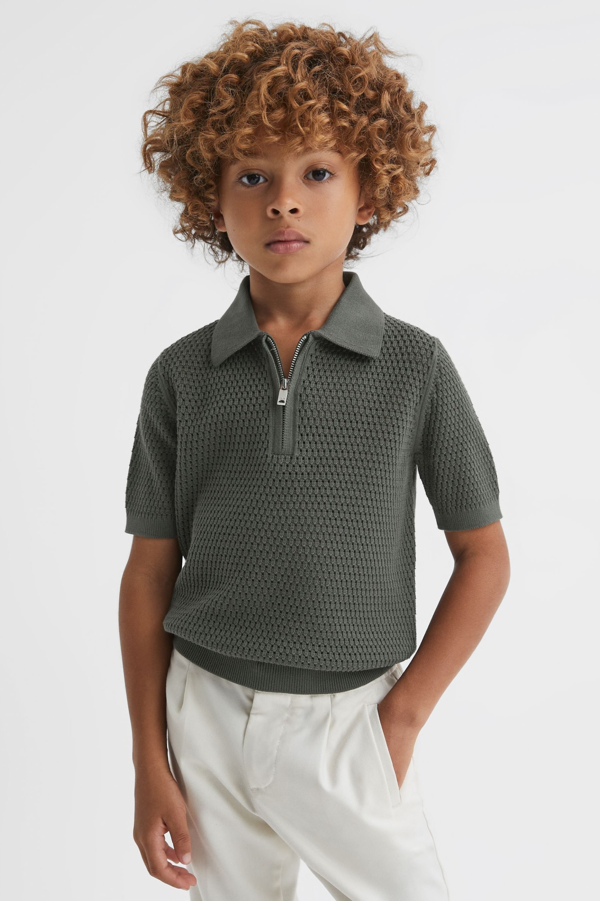 Reiss Dark Sage Burnham Teen Textured Half-Zip Polo T-Shirt - Image 1 of 6