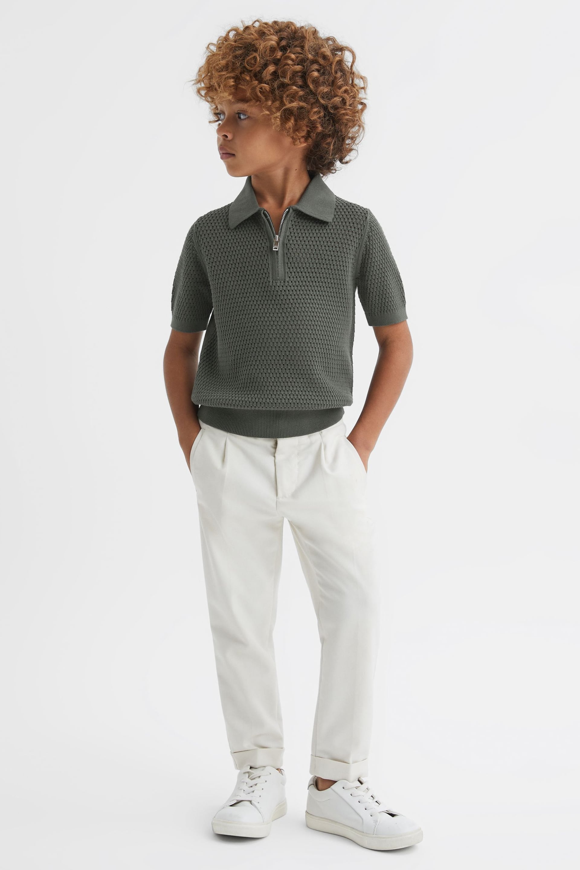 Reiss Dark Sage Burnham Teen Textured Half-Zip Polo T-Shirt - Image 3 of 6