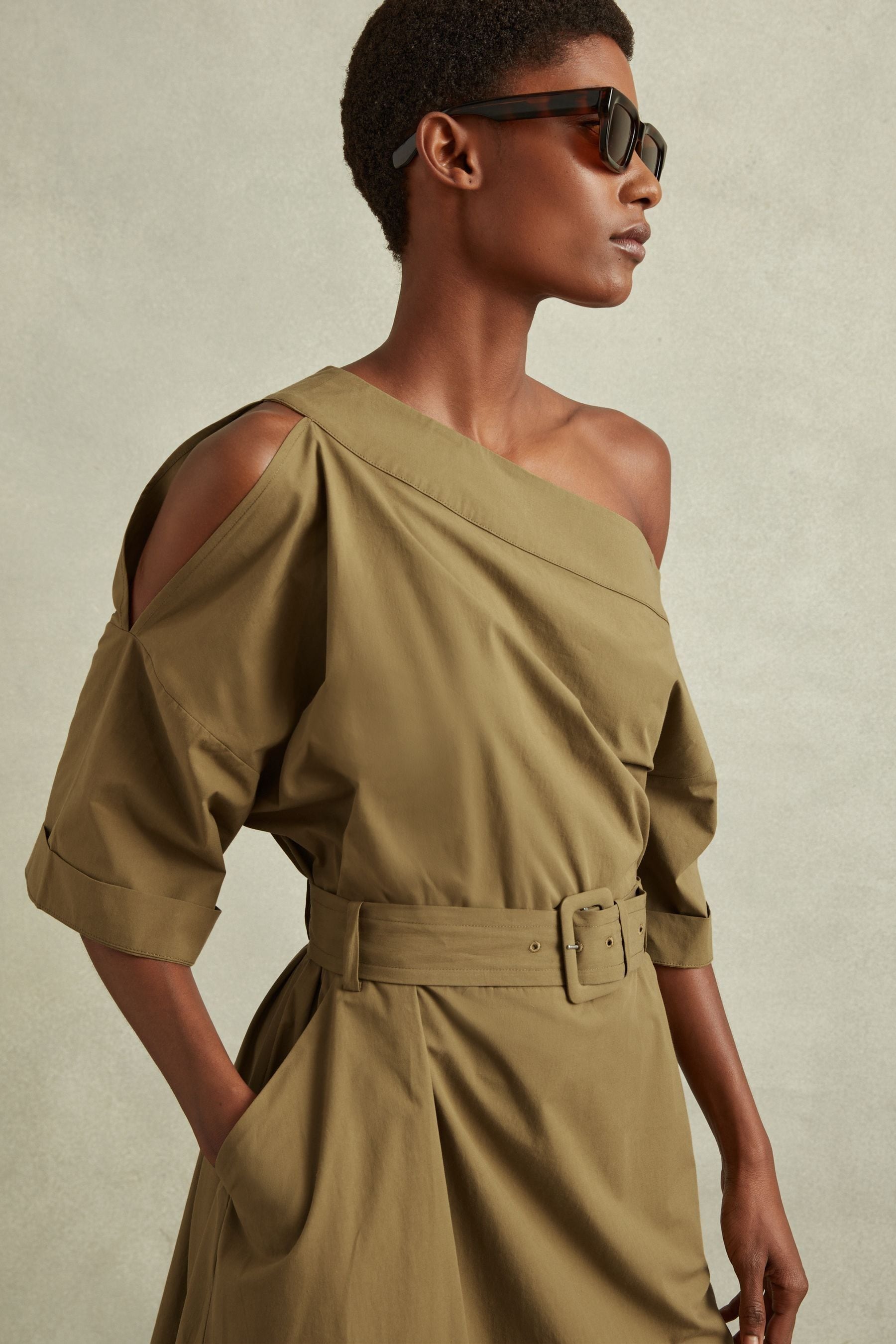 Buy Reiss Khaki Demi Off The Shoulder Belted Midi Dress from Next Australia