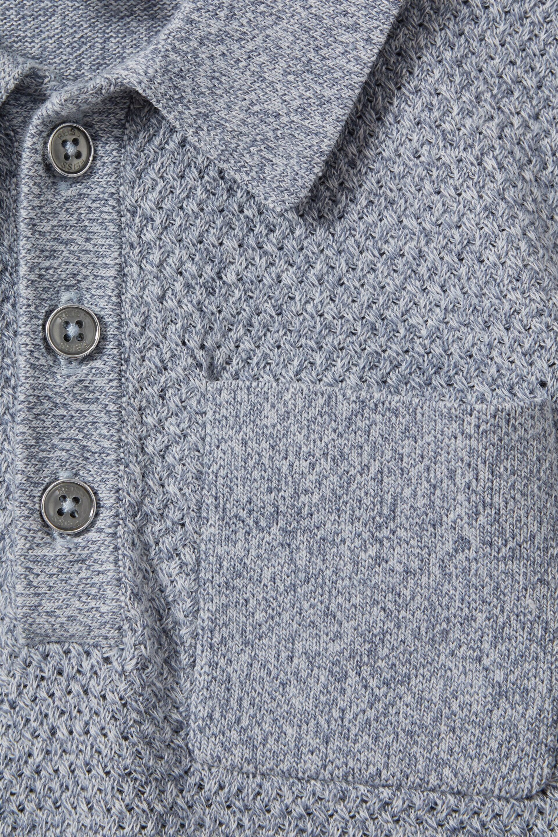 Reiss Blue Melange Demetri Junior Textured Cotton Polo Shirt - Image 4 of 4