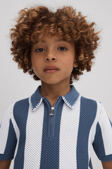 Reiss Blue Paros Knitted Striped Half Zip Polo Shirt