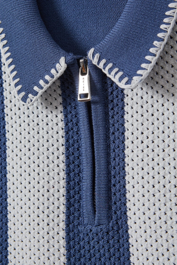 Reiss Airforce Blue/Ecru Paros Senior Knitted Striped Half-Zip Polo Shirt - Image 4 of 4