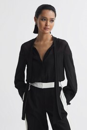 Reiss Black Arina Tie Neck Semi-Sheer Blouse - Image 1 of 5