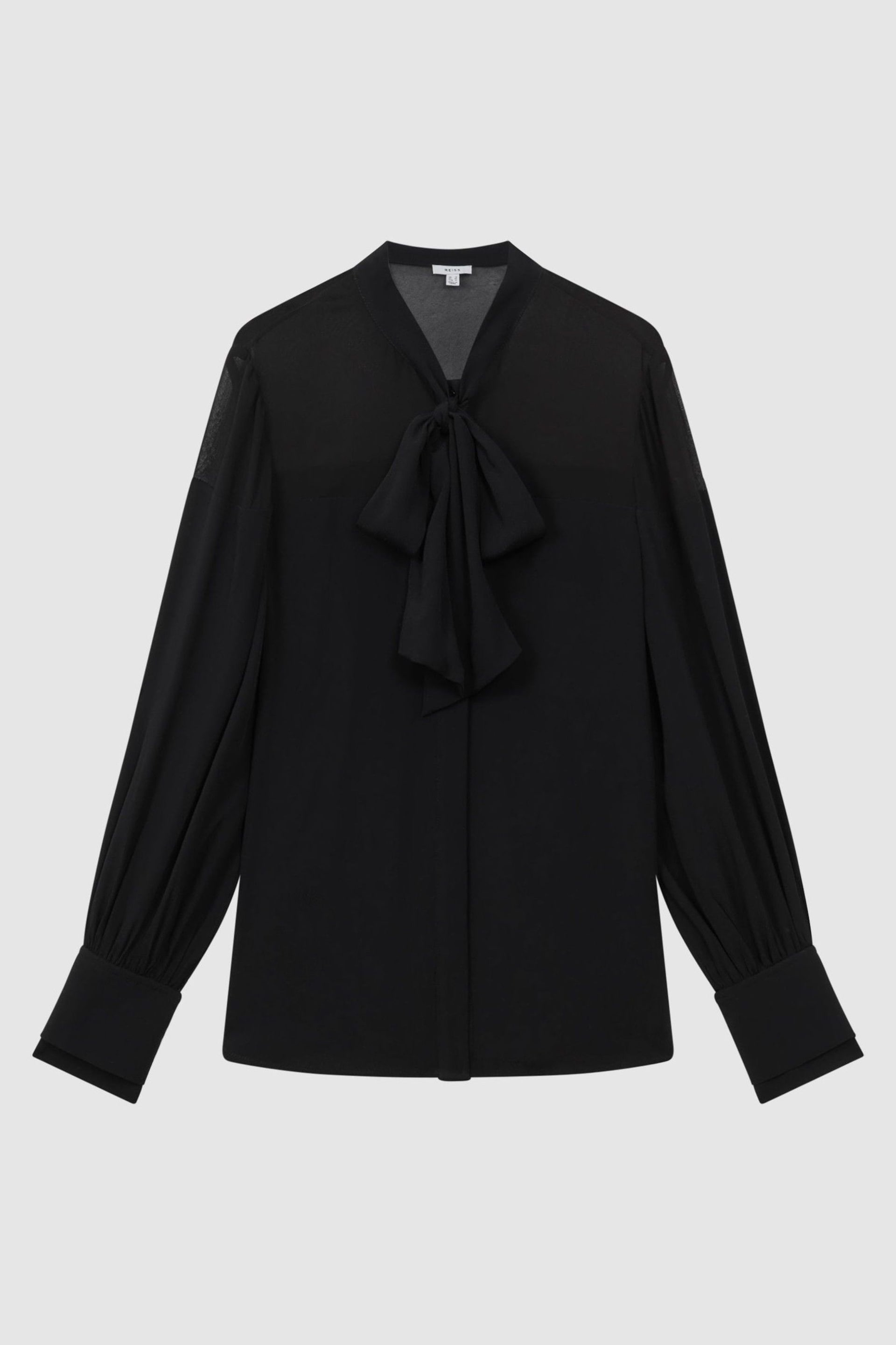 Reiss Black Arina Tie Neck Semi-Sheer Blouse - Image 2 of 5