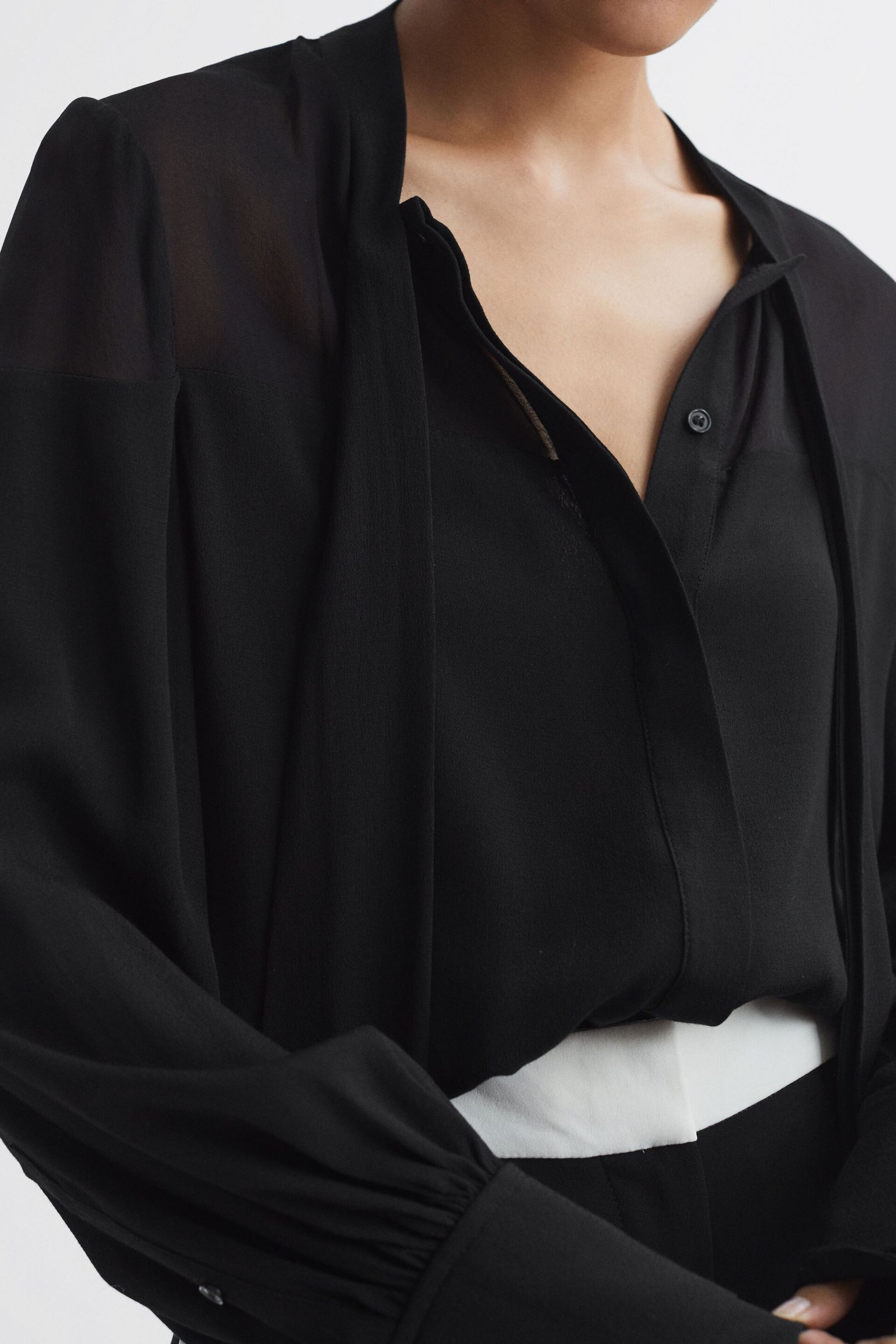 Reiss Black Arina Tie Neck Semi-Sheer Blouse - Image 3 of 5