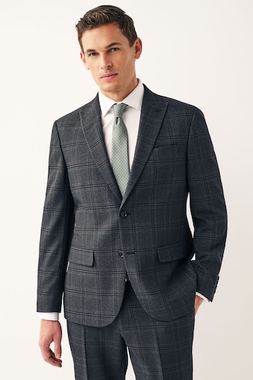 Charcoal Grey Regular Fit Check Suit:Jacket