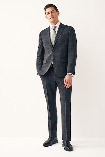 Charcoal Grey Regular Fit Check Suit:Jacket