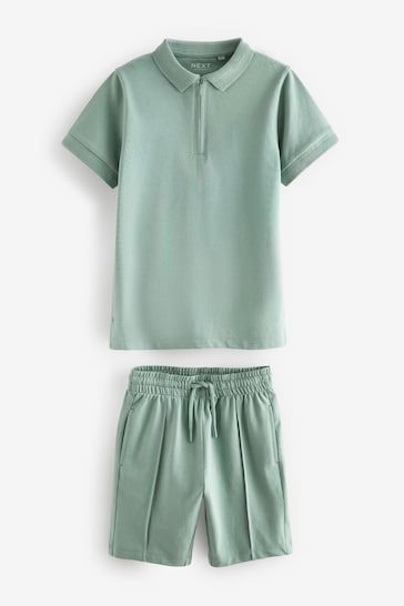 Mineral Green Zip Neck Polo Shirt And Shorts Set (3-16yrs)