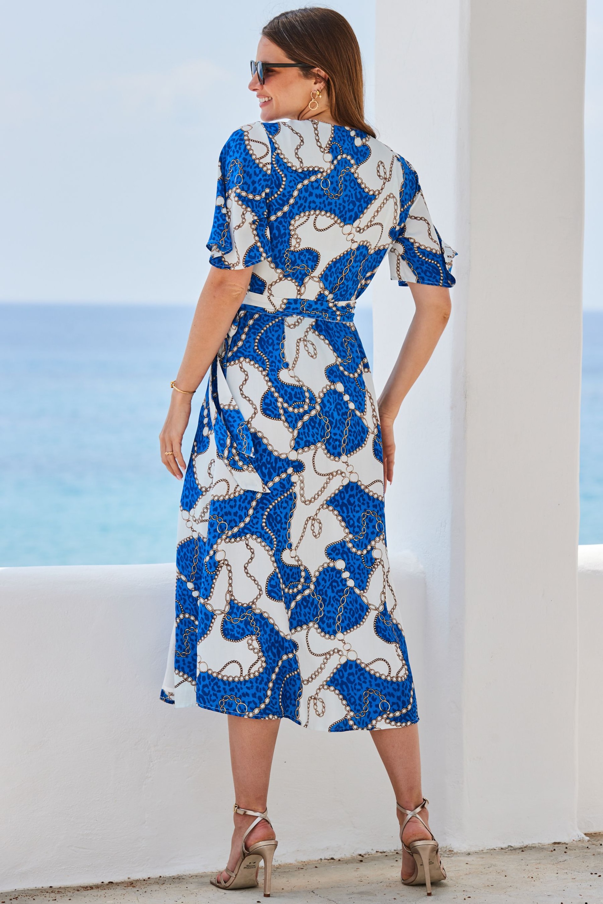 Sosandar Blue Kimono Sleeve Midi Wrap Dress - Image 2 of 5