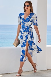 Sosandar Blue Kimono Sleeve Midi Wrap Dress - Image 4 of 5