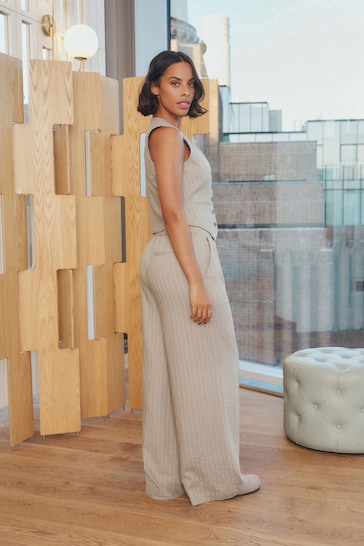 Mink Brown Rochelle Humes Striped Linen Super Wide Leg Trousers