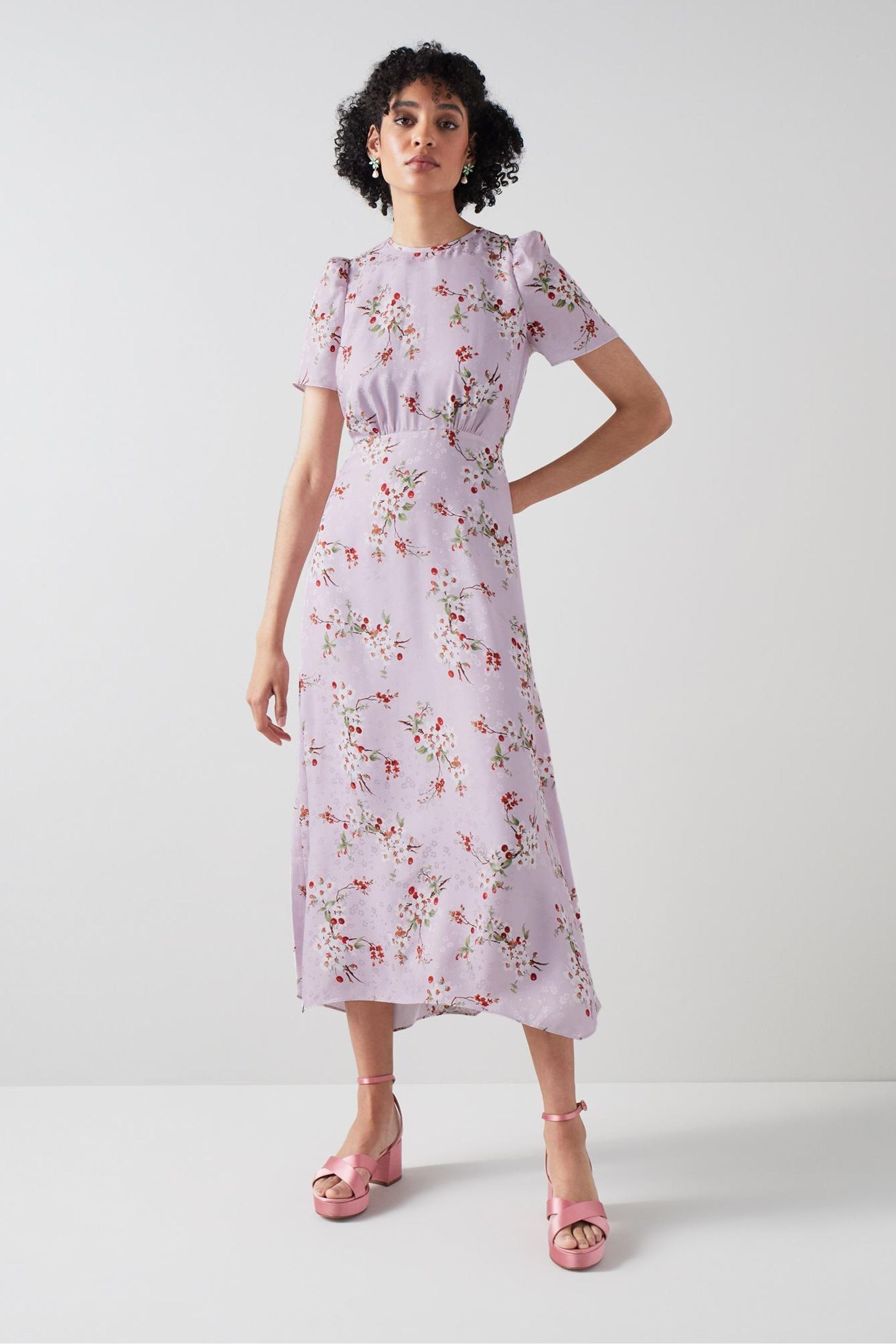 Buy LK Bennett Royal Ascot X LKB Boyd Lilac Purple And Red Cherry Blossom Print Silk Jacquard Dress from Next Luxembourg